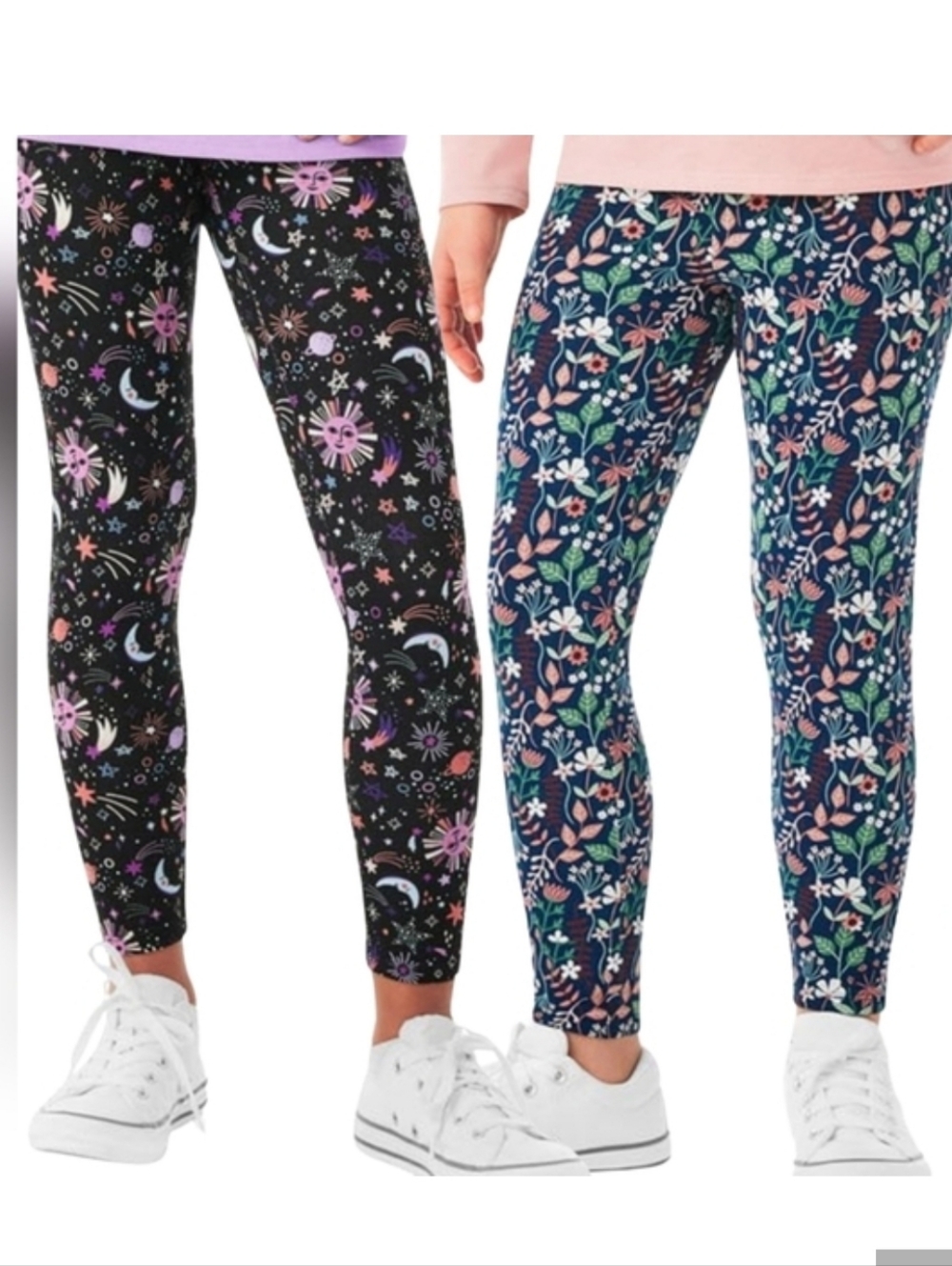 Set Of Girl's XL 14/16 Printed Leggings Floral Navy & Celestial Black 2667-CB